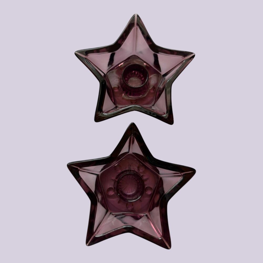 Hazel Atlas Amethyst Pair Star Glass Candle Holders 4in